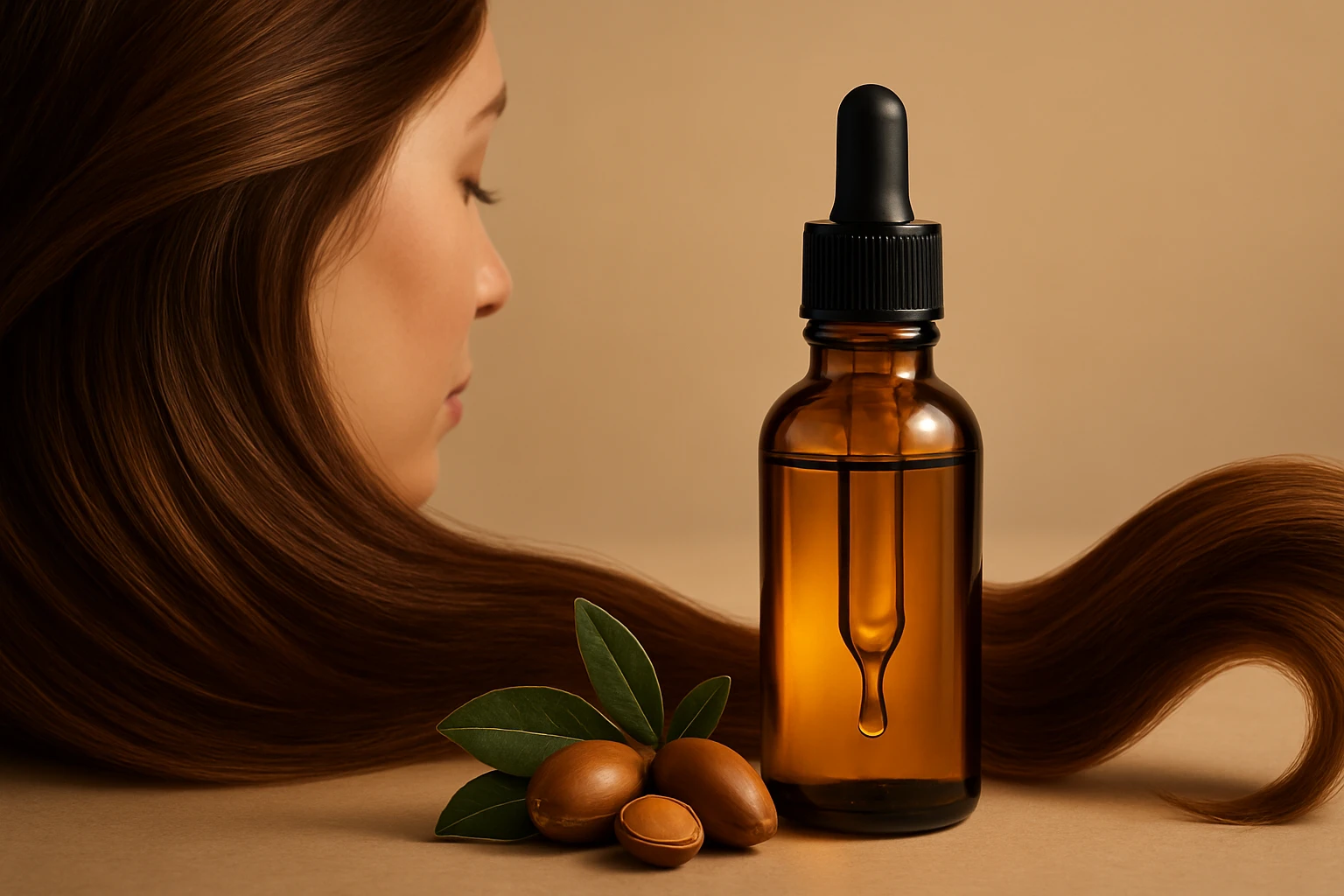 Egy barna üveg hajápoló olaj, mellette argán diók és zöld levelek.