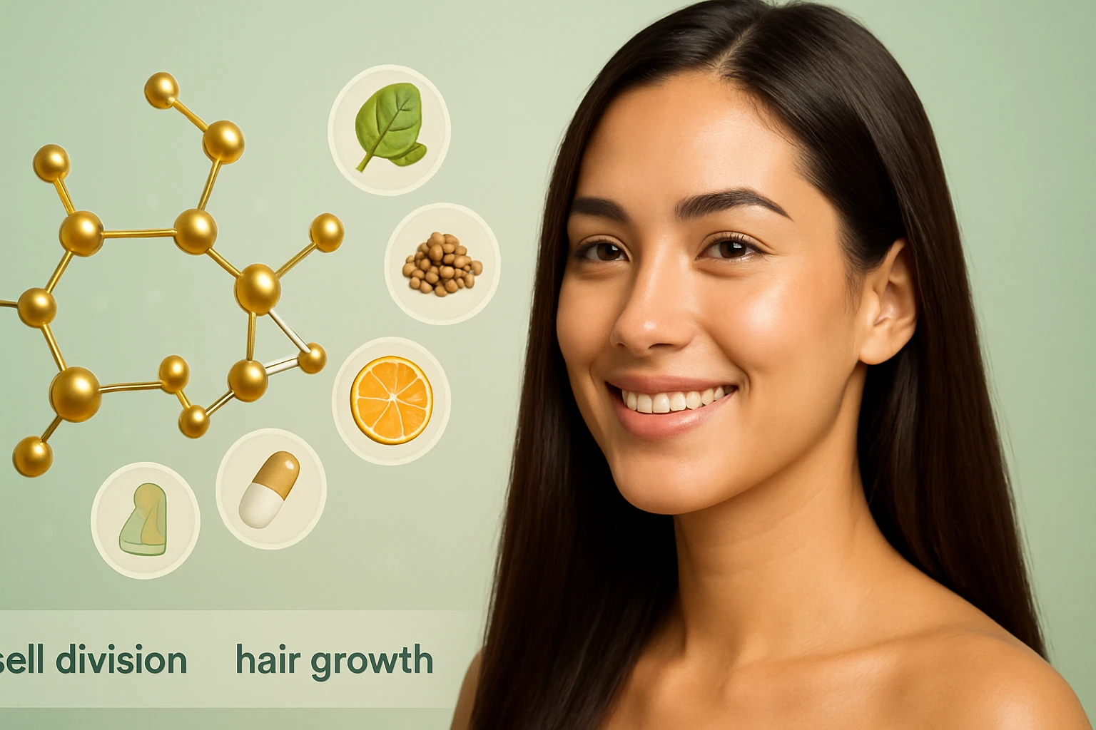 Egy fiatal nő mosolyog, háttérben hajnövekedést támogató összetevők láthatók.