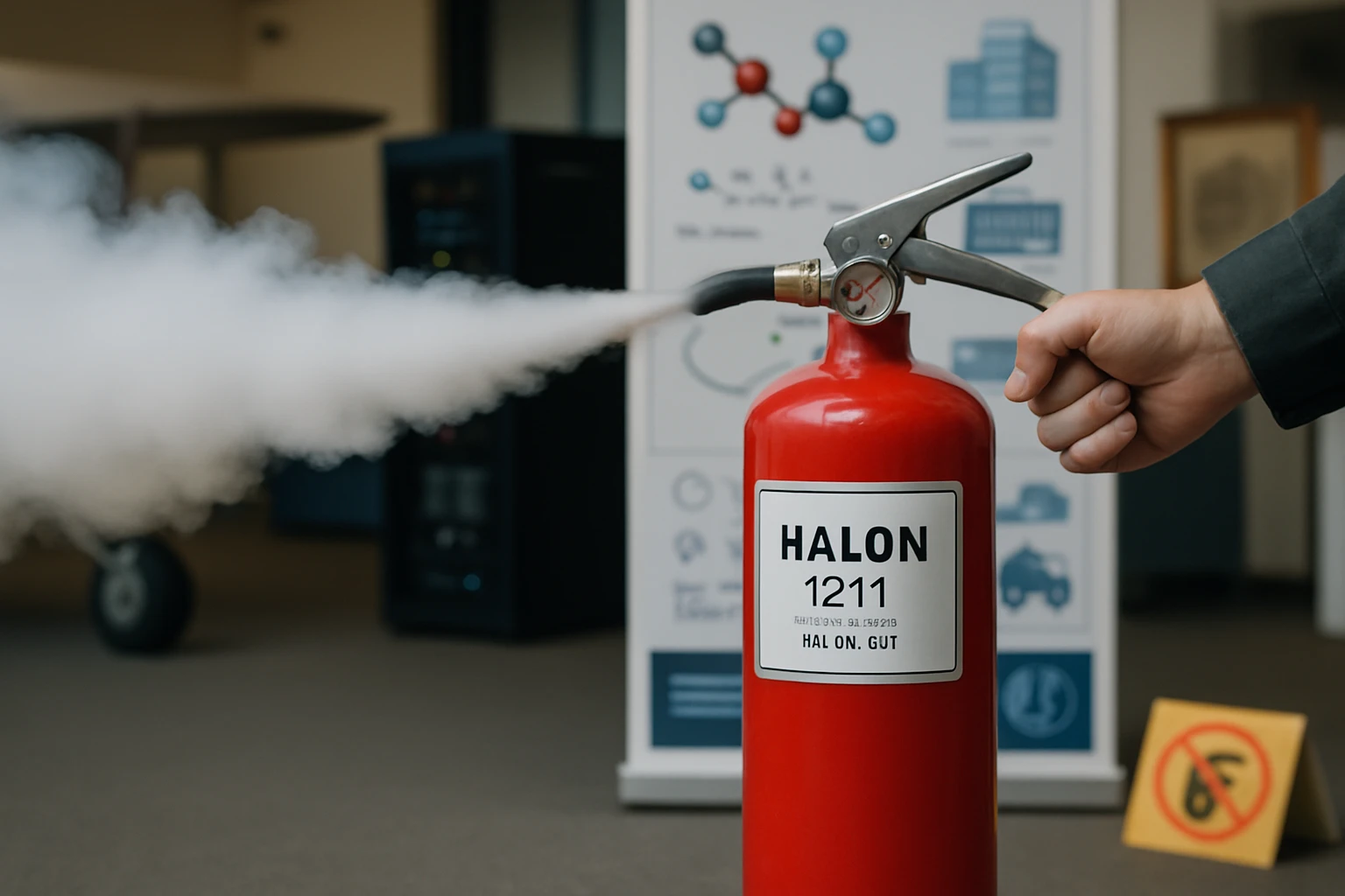 Egy kéz egy piros Halon 1211 tűzoltó készüléket használ, füst áramlik belőle.