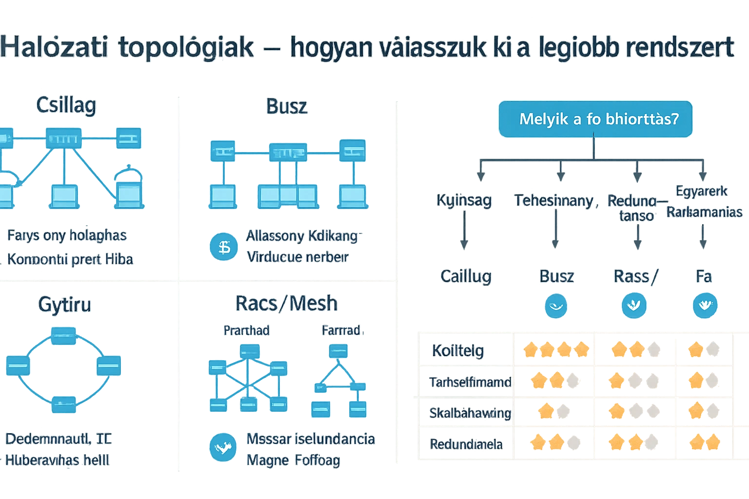 A hálózati topológiák különböző típusait bemutató diagram, beleértve a csillag, busz, gyűrű és rács topológiákat.
