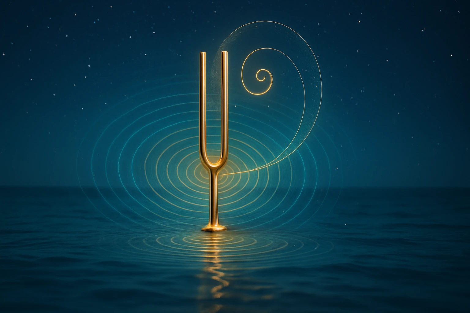 Egy arany színű hangvilla áll a víz felszínén, körülötte hullámok és spirális fények láthatók.