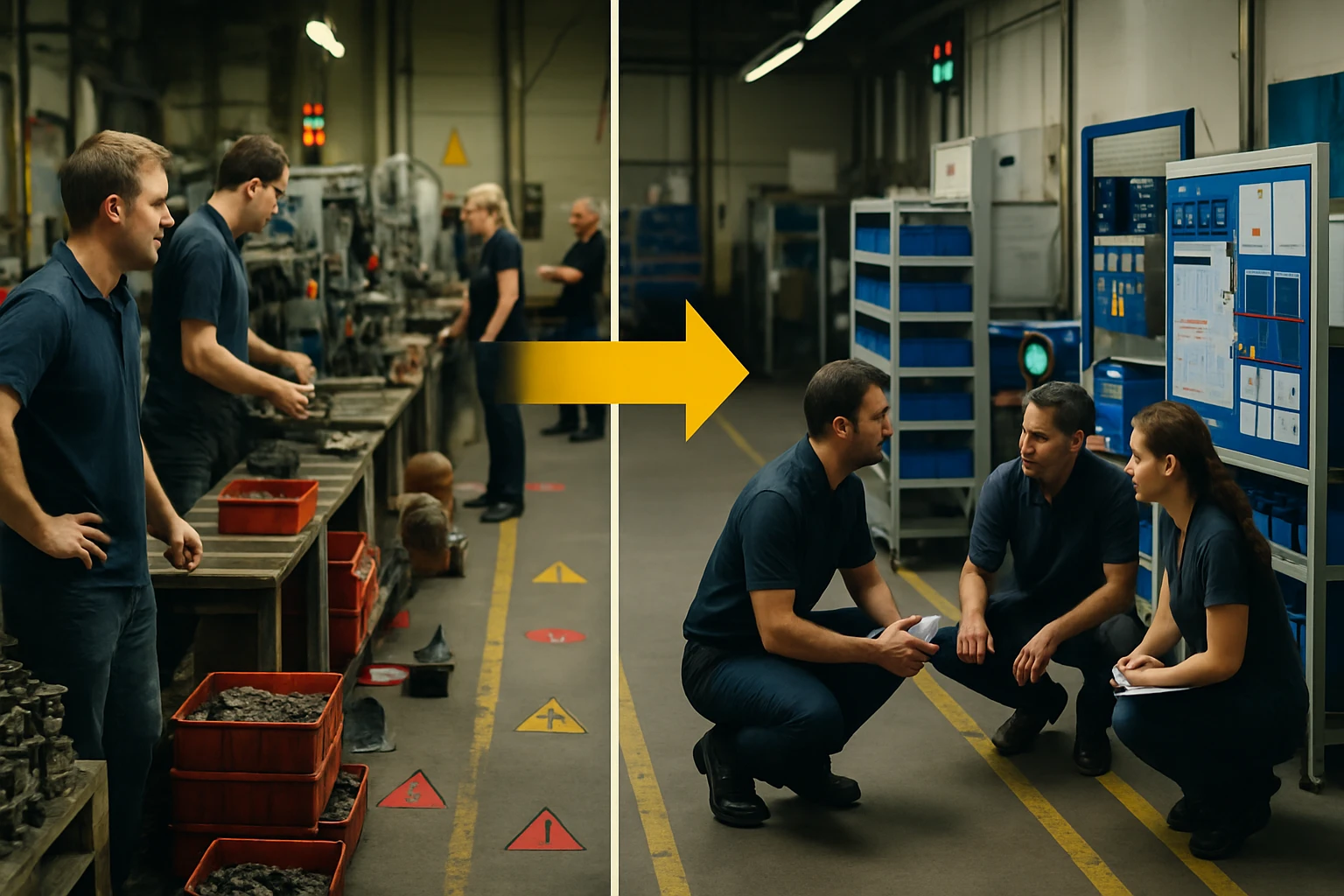 Két férfi és egy nő beszélget egy gyárban, miközben munkafolyamatokat figyelnek.