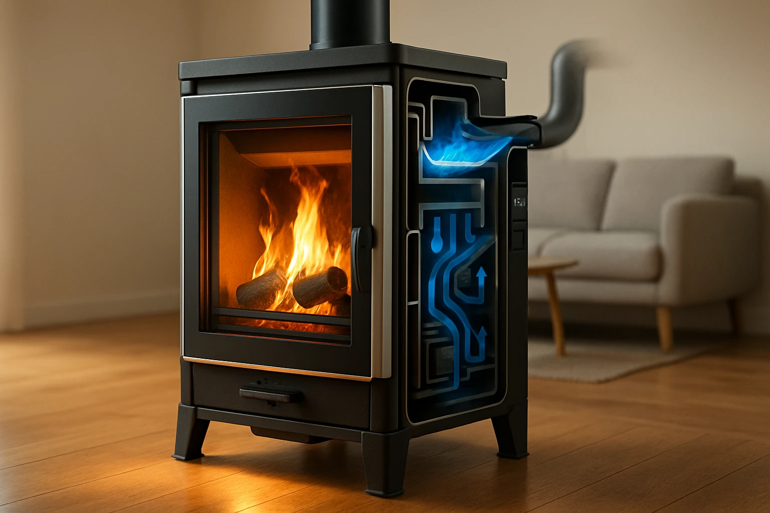 Egy modern kandalló lánggal, mellette füstcső és hőcserélő rendszer.