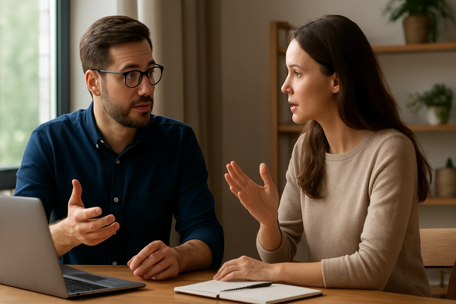 Két ember beszélget egy asztalnál, laptop és jegyzetfüzet előtt.