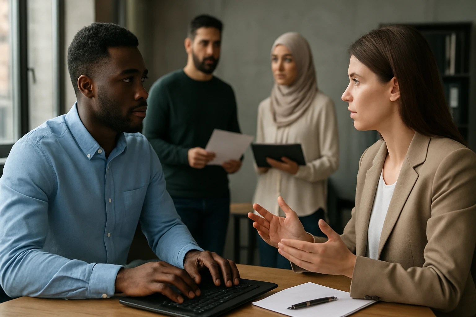 Két ember beszélget egy asztalnál, míg mások figyelnek a háttérben.