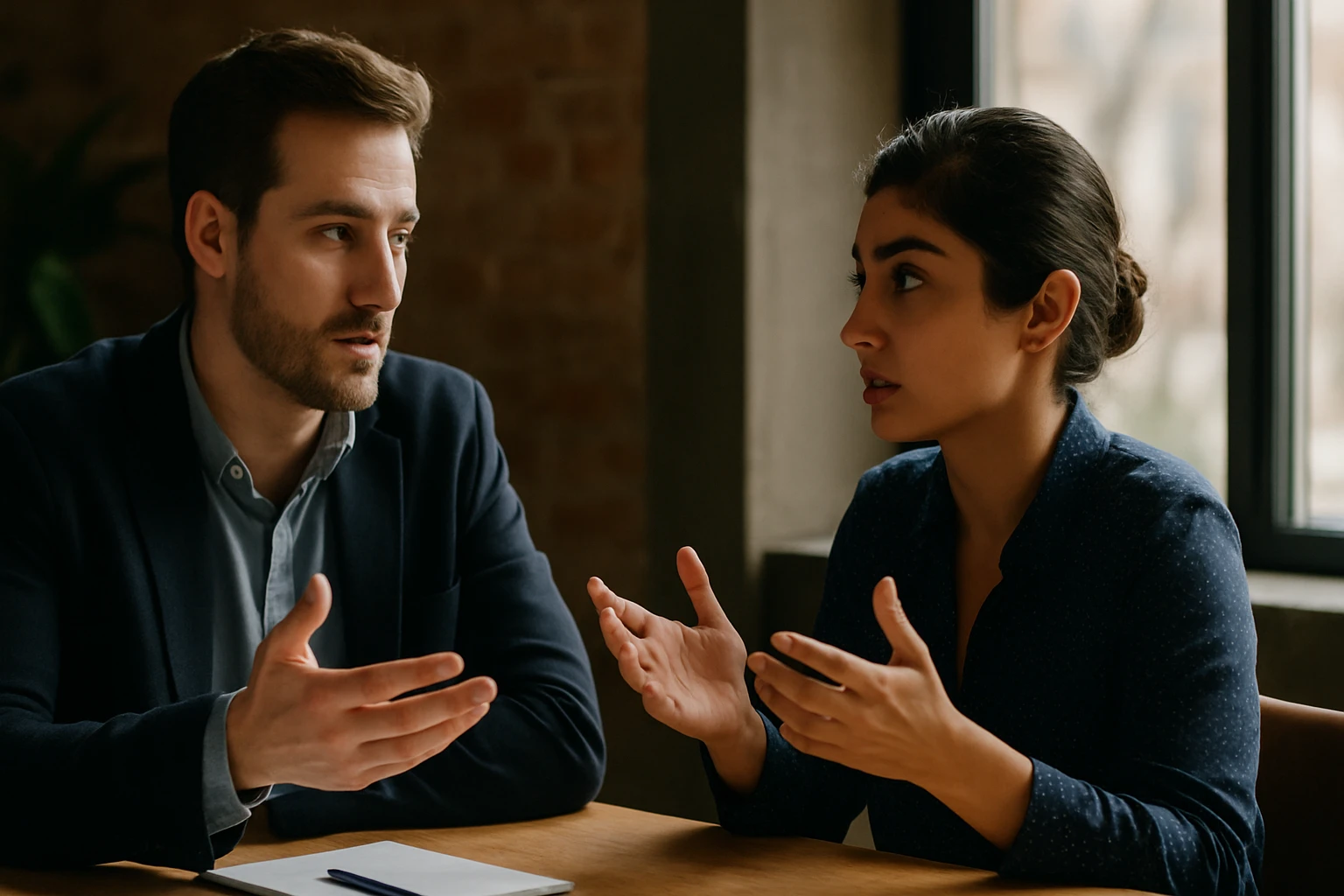 Két ember beszélget egy asztalnál, a férfi figyelmesen hallgatja a nőt.