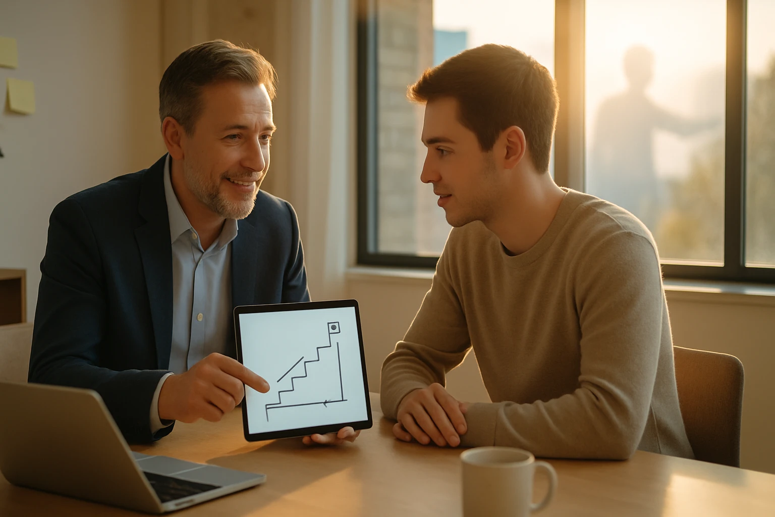 Két férfi beszélget egy irodában, az egyik táblagépen grafikonra mutat.