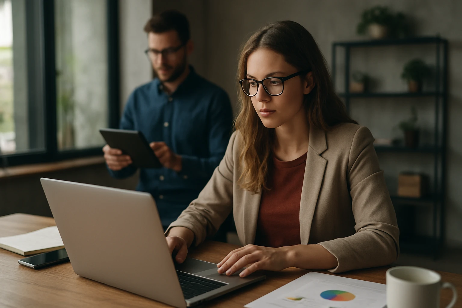 Egy fiatal nő dolgozik laptopján, miközben egy férfi háttérben táblagépet használ.