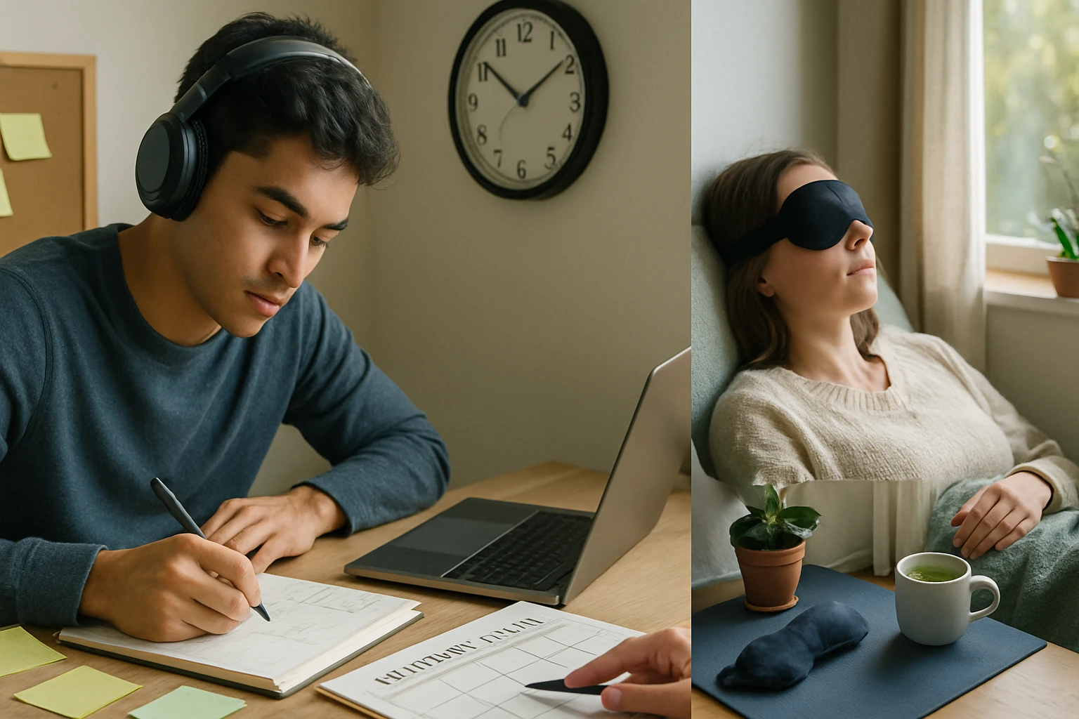 Egy fiatal férfi jegyzetel a laptopja mellett, míg egy nő pihen egy szobában.