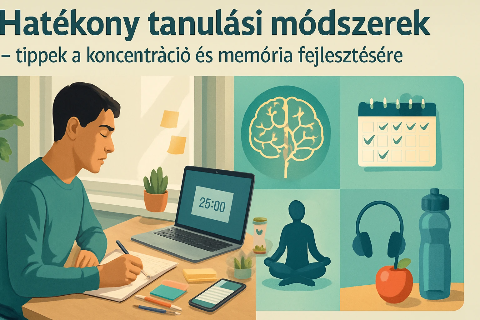 Egy fiatal férfi tanul, jegyzetel, miközben a laptopján időzítő látható.