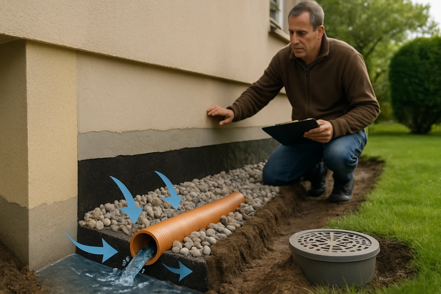 Egy férfi a ház mellett, vízelvezető csövet ellenőrizve, kövek között.