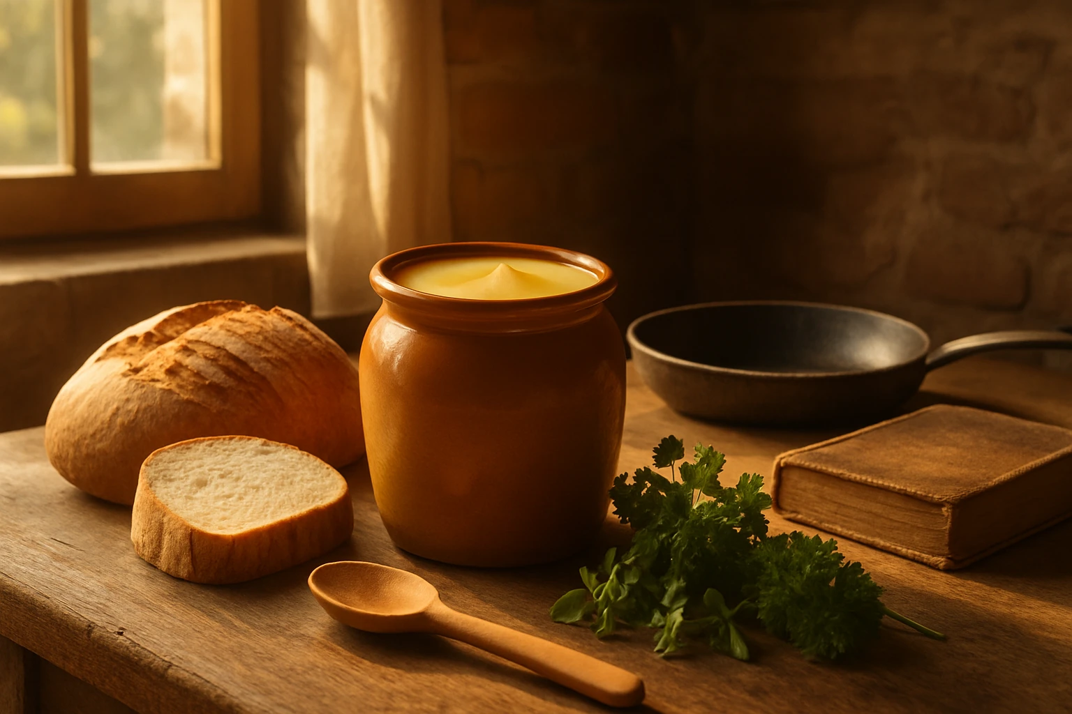 Egy fából készült asztalon egy üveg edényben krém, friss kenyér, fakanál és zöld fűszerek láthatók.