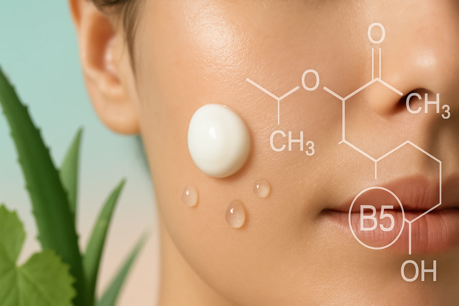 Egy nő arca, bőrén hidratáló krém és vízcseppek láthatók, aloe vera mellett.