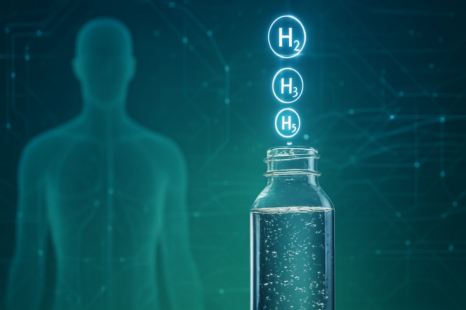 Egy üveg víz, amelyből hidrogénmolekulák emelkednek ki.