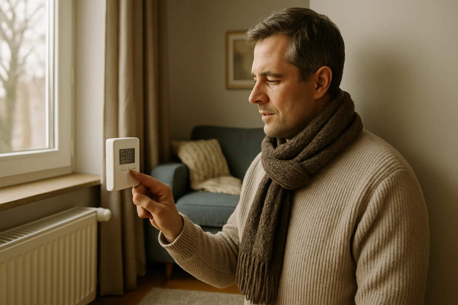 Egy férfi a termosztátot állítja be a lakásában, kényelmes pulóverben és sálban.