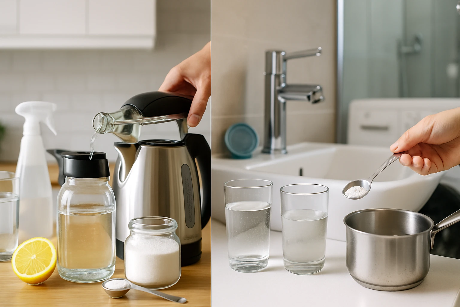 Két részlet, az egyik vízforraló és citrom, a másik cukor adagolása vízbe.