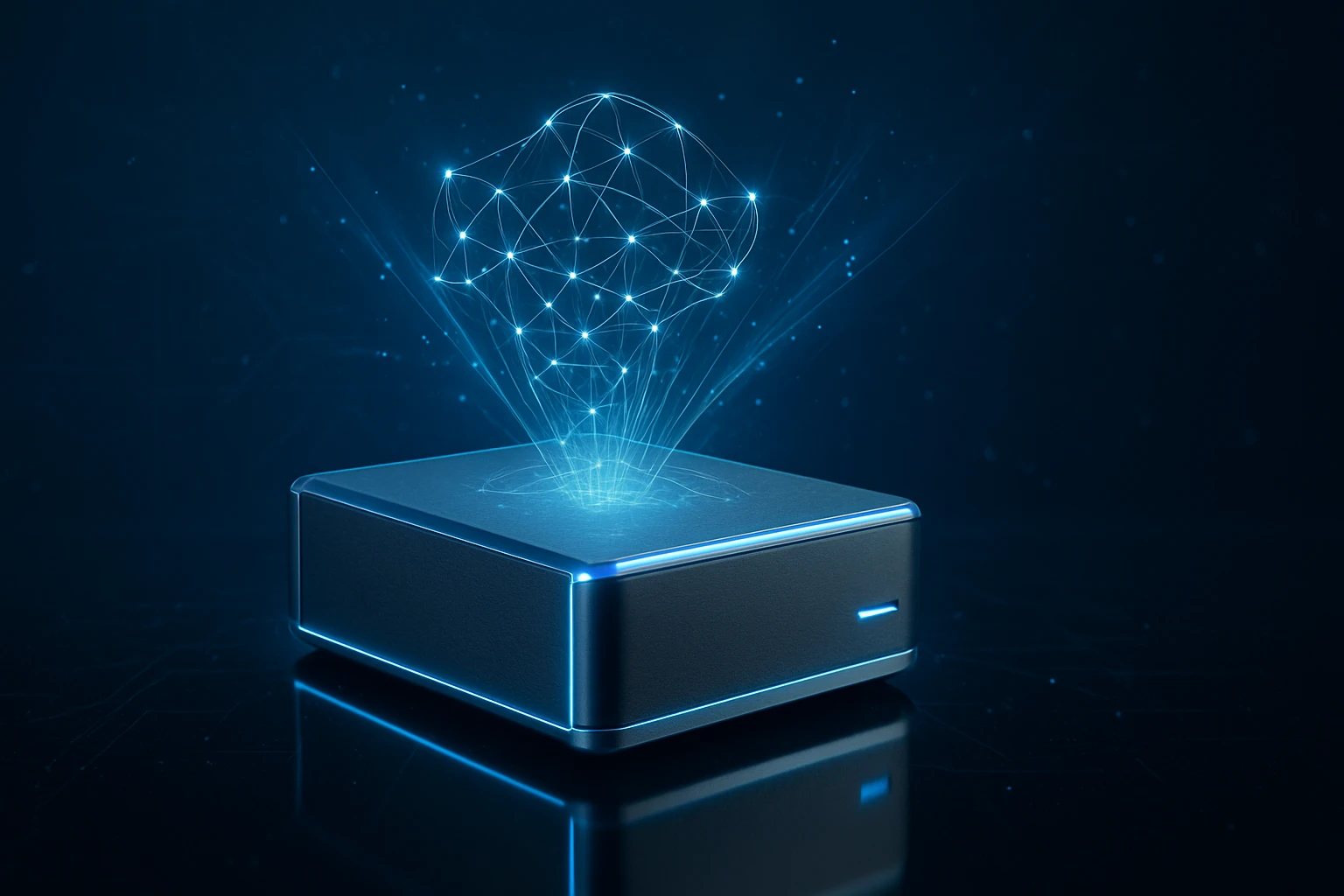 Egy modern, fényes tárolóegység, amelyből holografikus felhő jelenik meg.