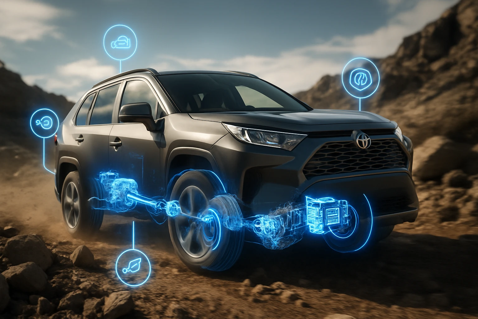 Egy Toyota SUV, amelyen holografikus technológia mutatja a motor és az alkatrészek működését.