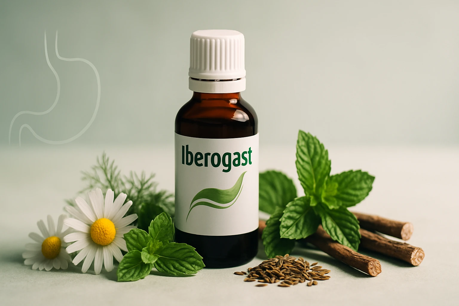 Iberogast üveg, mellette gyógynövények és virágok, mint a kamilla és menta.