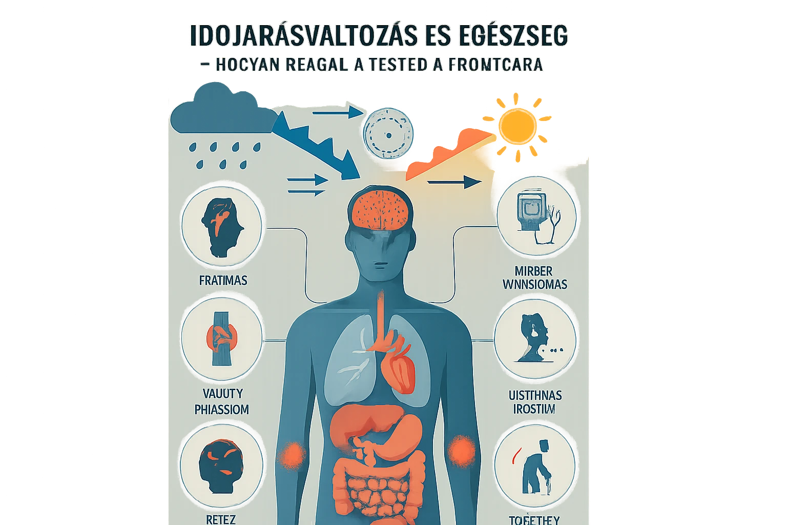 Egy emberi test sziluettje, amely az időjárás hatásait mutatja be különböző egészségügyi problémákra.