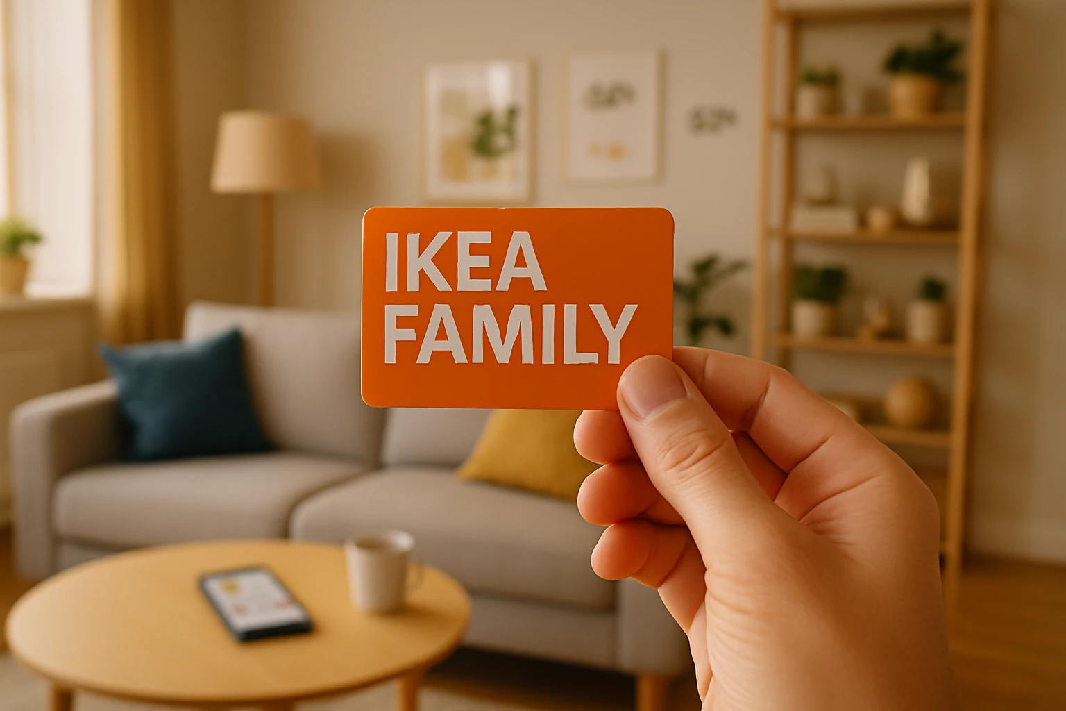 Egy kéz tart egy IKEA Family kártyát egy világos nappaliban.