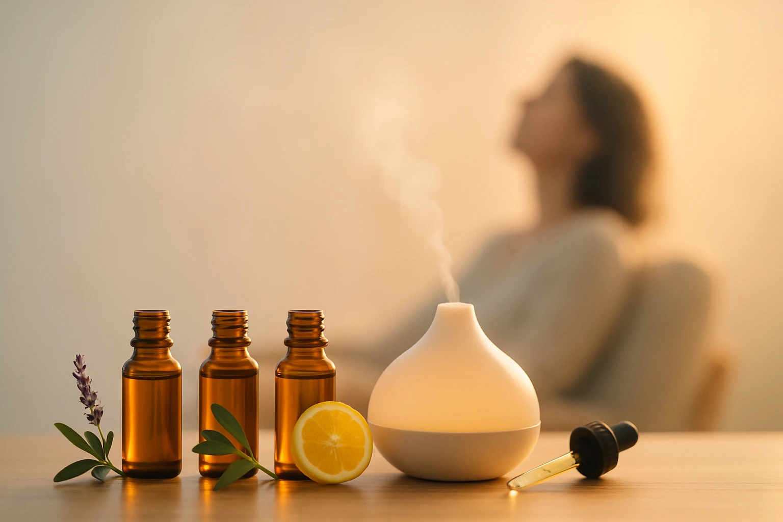 Illóolajok és párologtató egy asztalon, háttérben relaxáló nő.