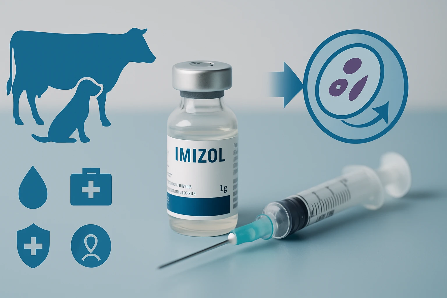 Egy injekciós üveg IMIZOL gyógyszerrel, mellett egy fecskendő és állatokat ábrázoló ikonok.