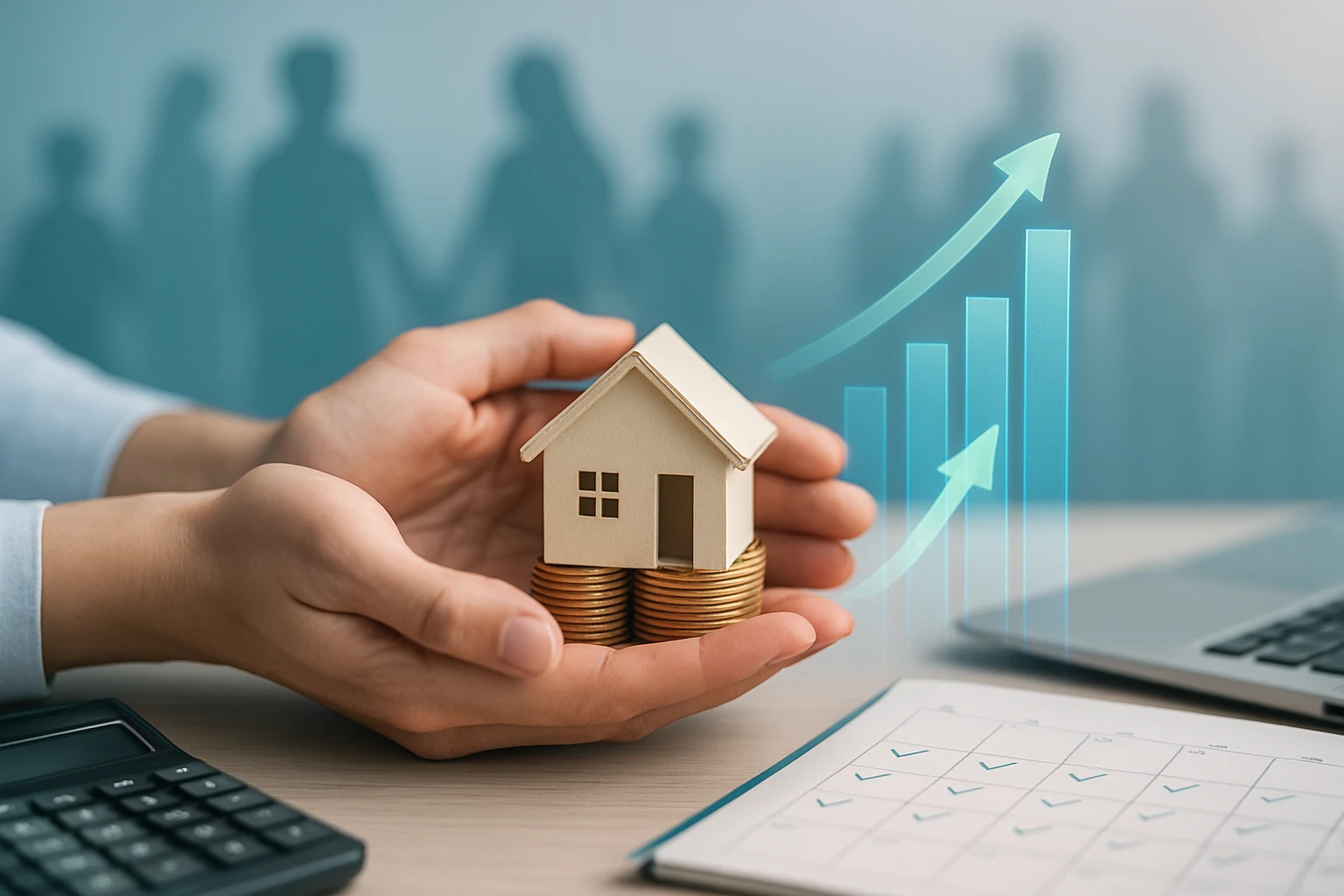 Két kéz tart egy kis házikót, amely aranyérmék tetején áll, háttérben növekvő grafikonokkal.