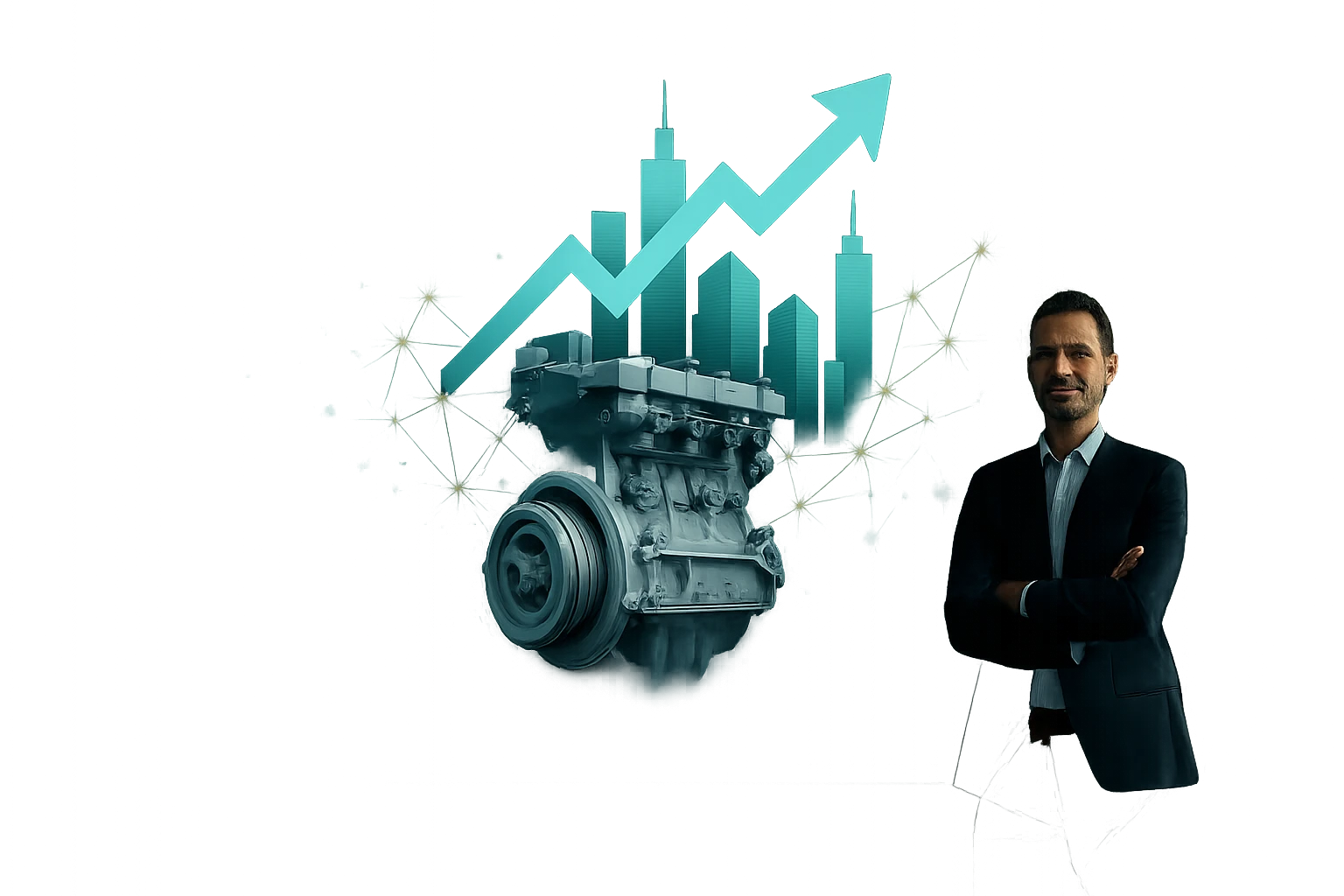 Egy férfi áll egy motor mellett, háttérben növekvő grafikon és város sziluettje.
