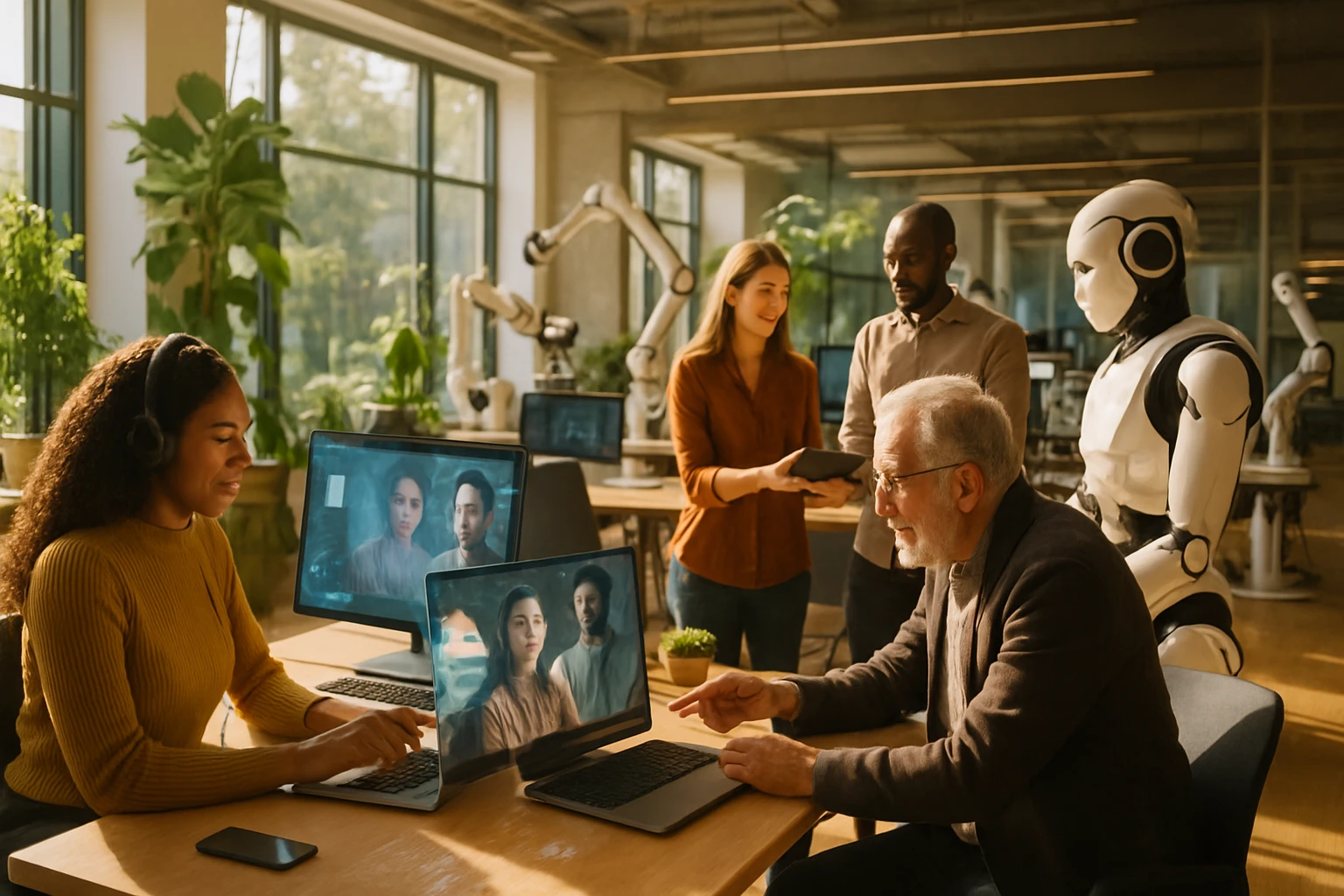 Egy modern irodában emberek dolgoznak laptopokkal, robot is jelen van.