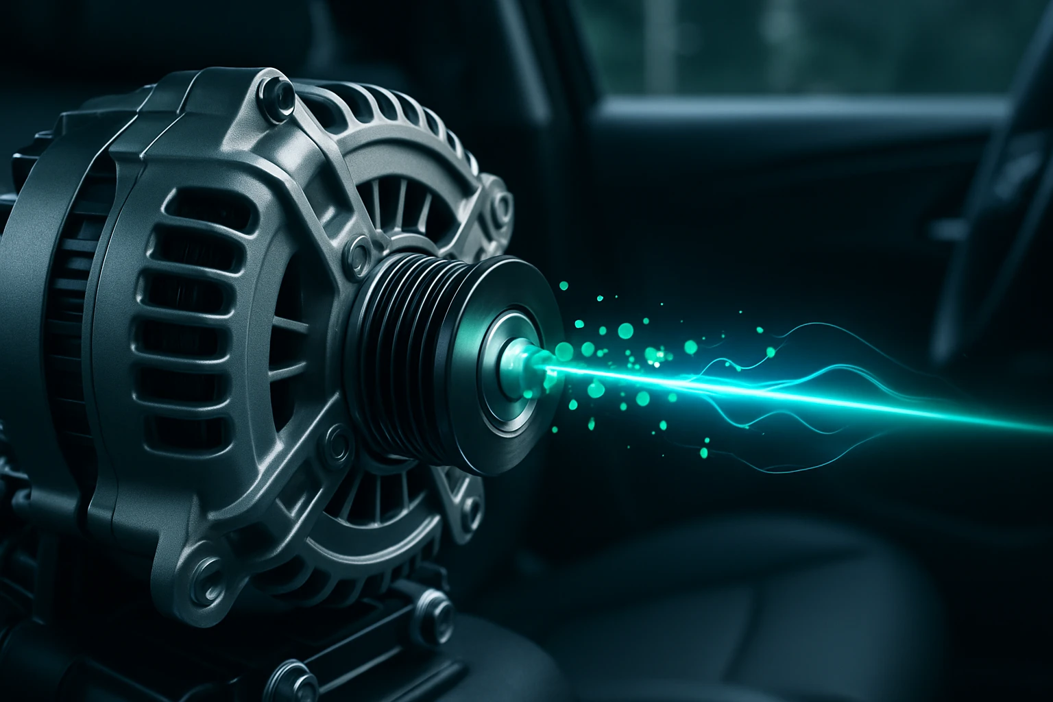 Egy modern autó generátora, amelyből zöld fénycsík és részecskék áramlanak ki.