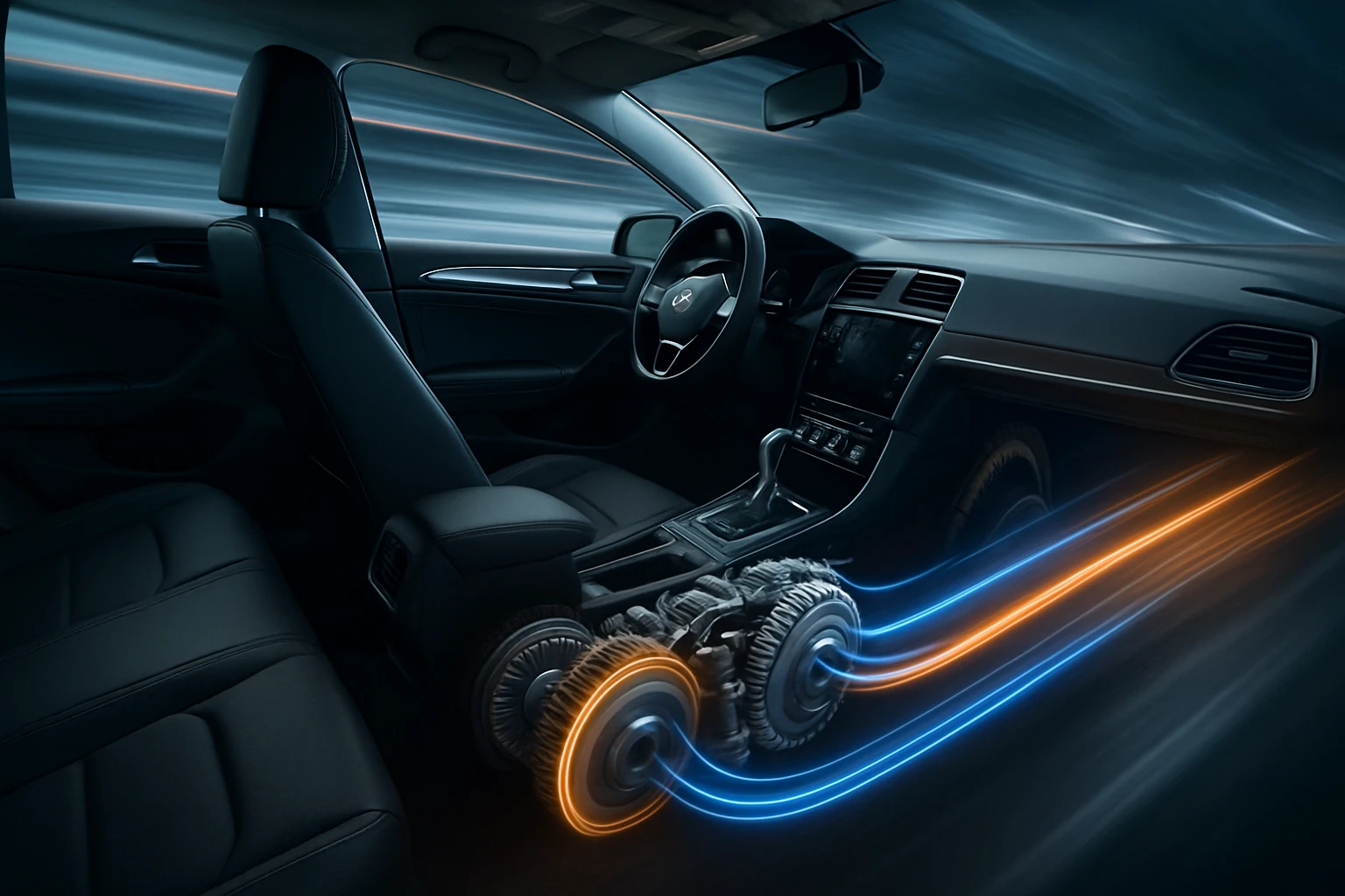 Egy modern autó belső tere, látható motorral és dinamikus fénycsíkokkal.