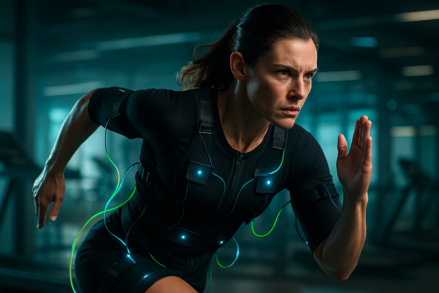 Egy női sportoló edzés közben, elektromos izomstimuláló ruházatban, koncentrált arckifejezéssel.