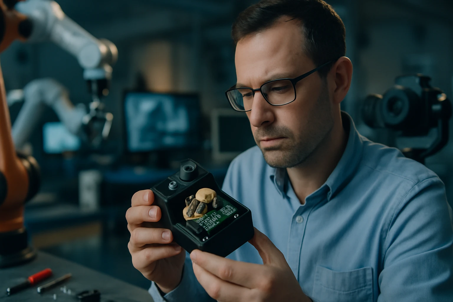 Egy férfi egy fekete eszközt tart a kezében, amelyen különböző anyagok láthatók.