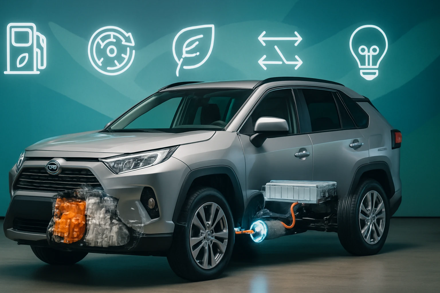 Egy modern SUV, amelynek motorja és akkumulátora részben látható, zöld háttérrel.