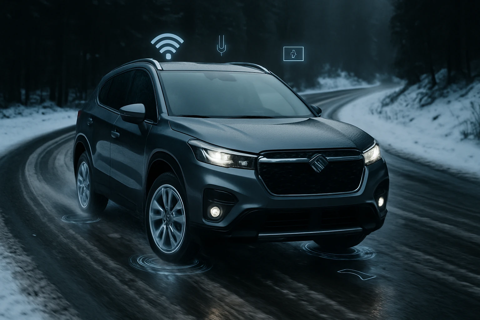 Egy modern SUV autó, amely havas úton halad, technológiai ikonokkal a feje fölött.
