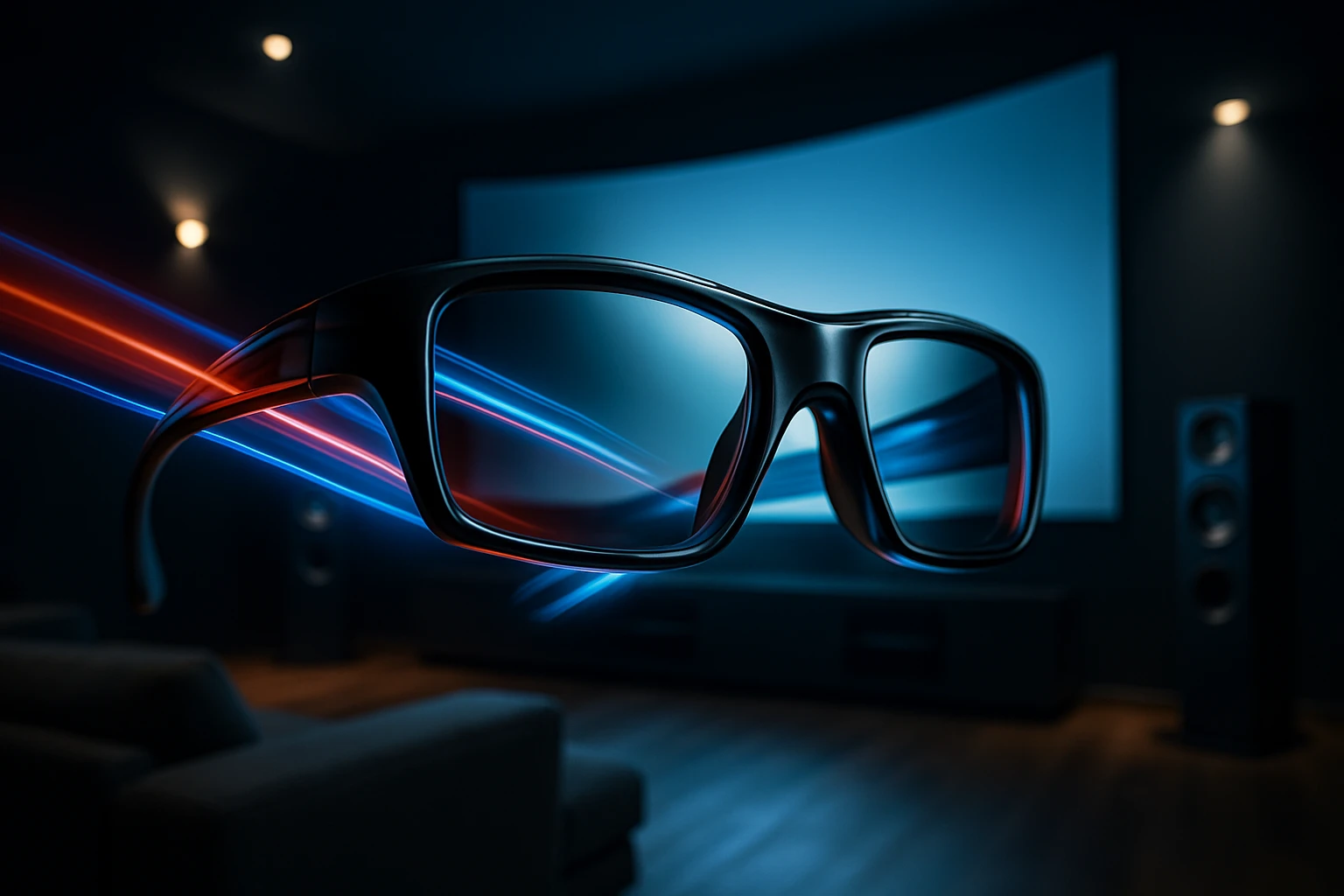 Fekete keretes szemüveg lebeg egy sötét szobában, háttérben kék és piros fénycsíkokkal.