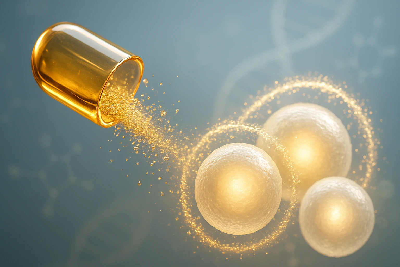 Egy aranyszínű kapszula, amelyből fényes részecskék áramlanak három sejt felé.