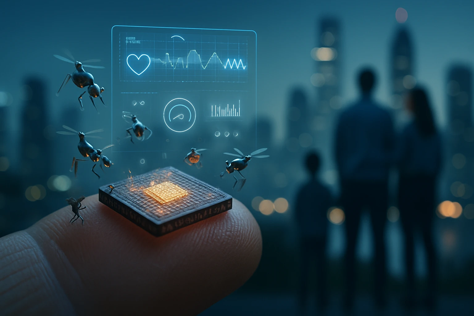Egy emberi kéz ujján egy apró chip található, körülötte digitális grafikonok és repülő rovarok.