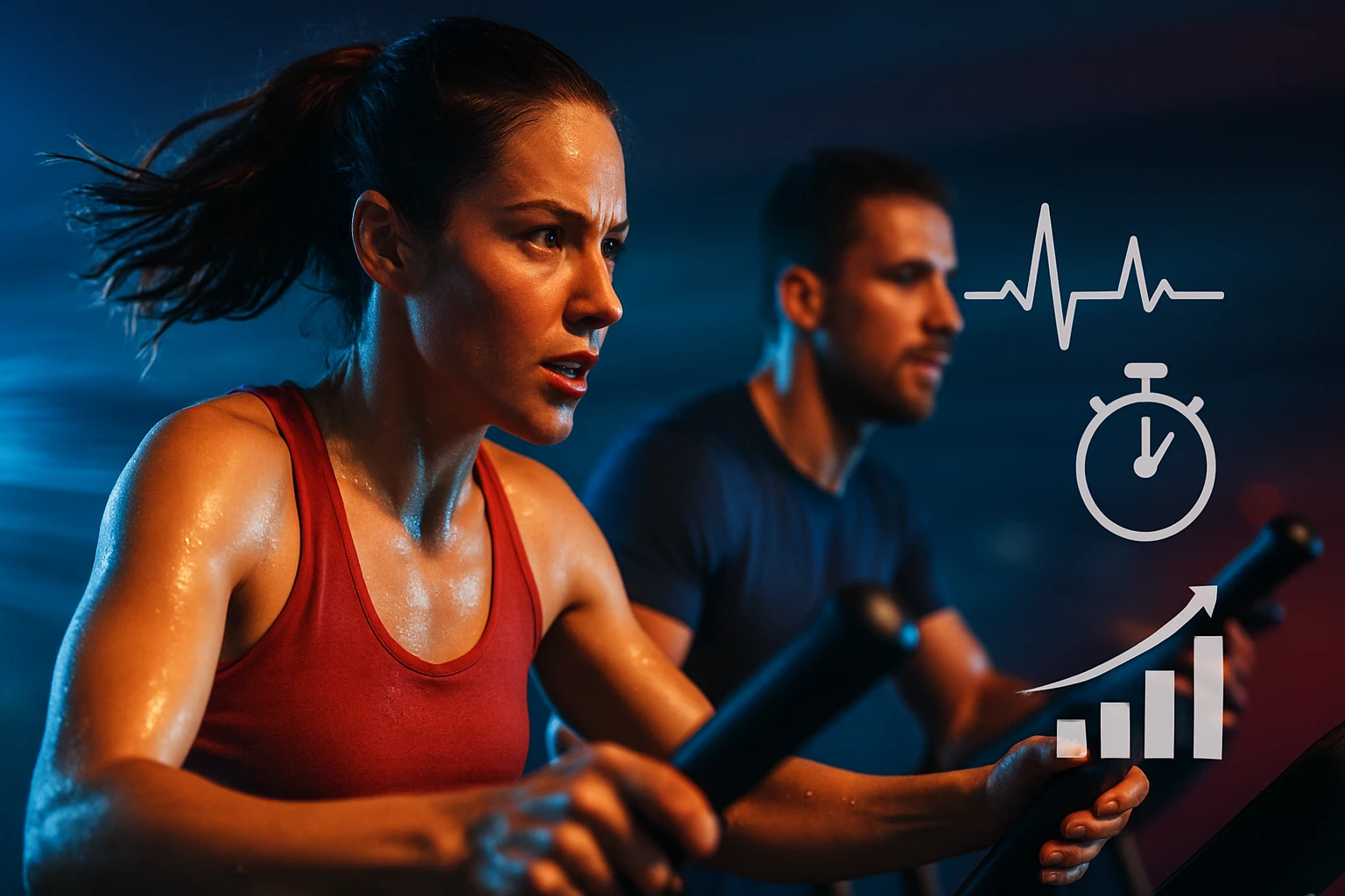 Két sportoló edz egy fitneszteremben, izzadtan, koncentrált arccal.