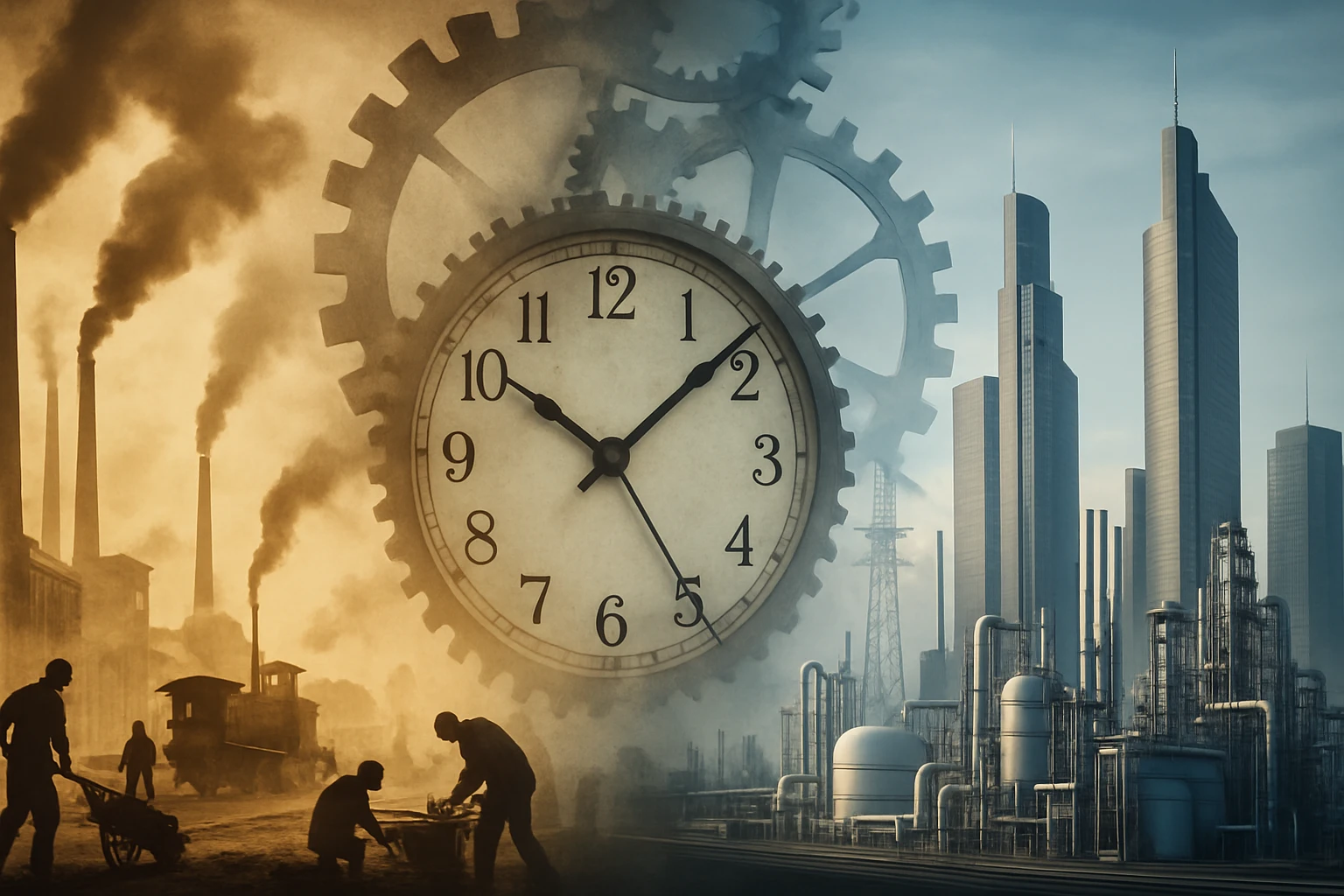 Egy óra és fogaskerekek, háttérben ipari táj, füstölgő kéményekkel és modern felhőkarcolókkal.