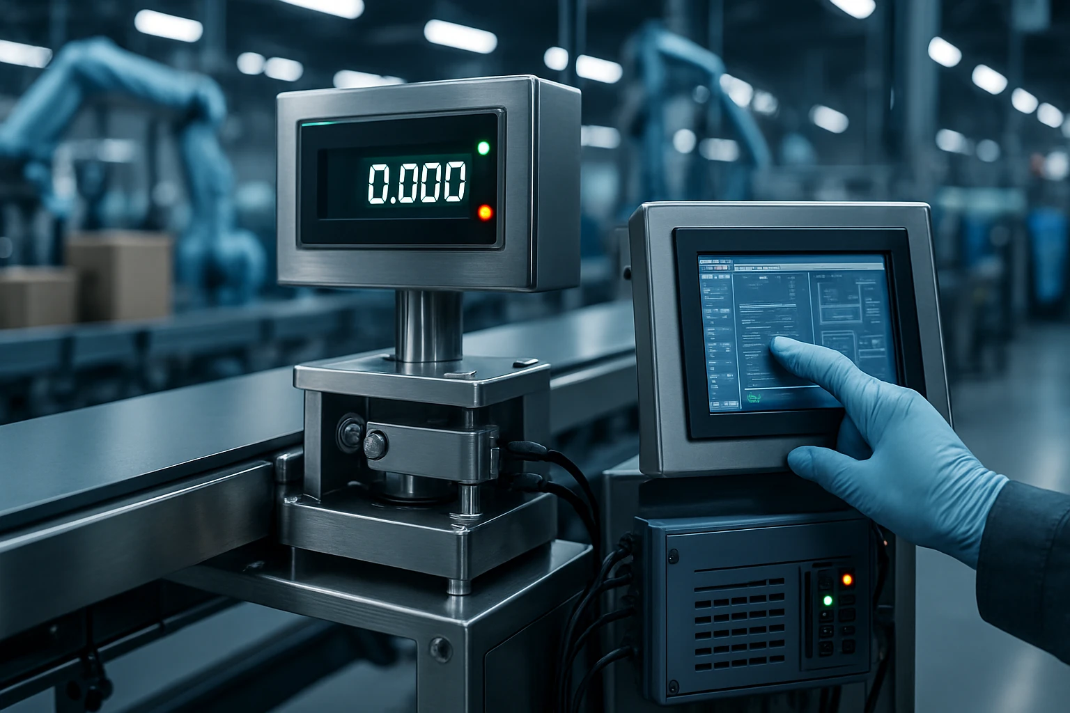 Egy ipari mérleg és érintőképernyős vezérlőpanel látható, kesztyűs kéz használatával.