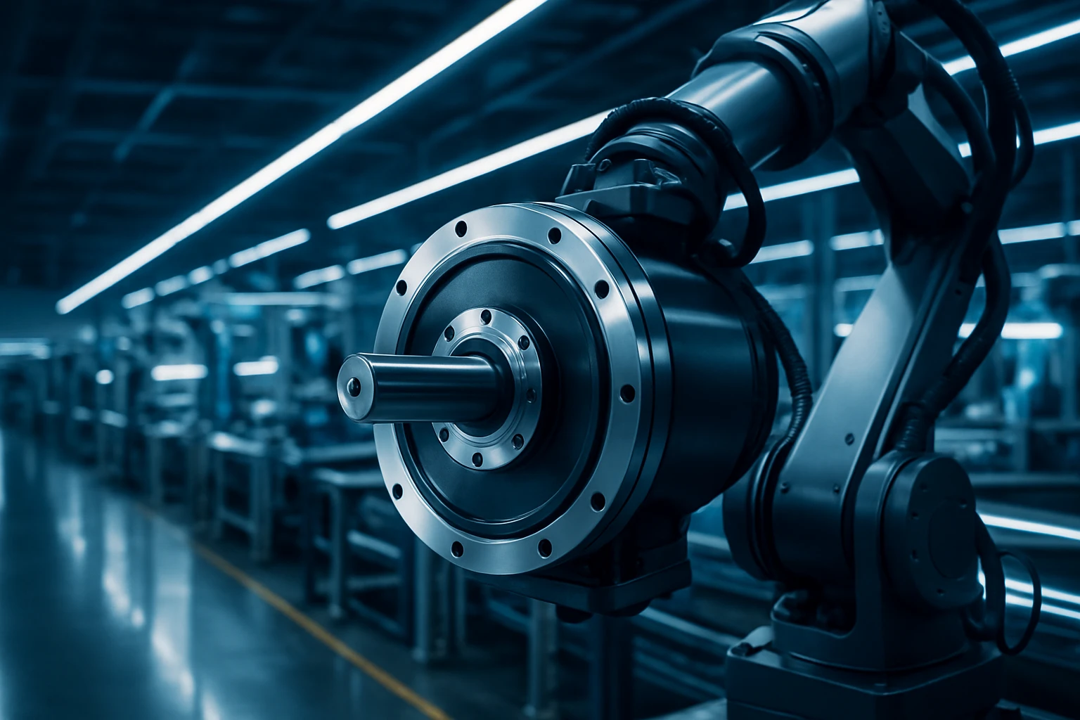 Egy ipari robotkar részlete, amely precíziós alkatrészeket kezel.