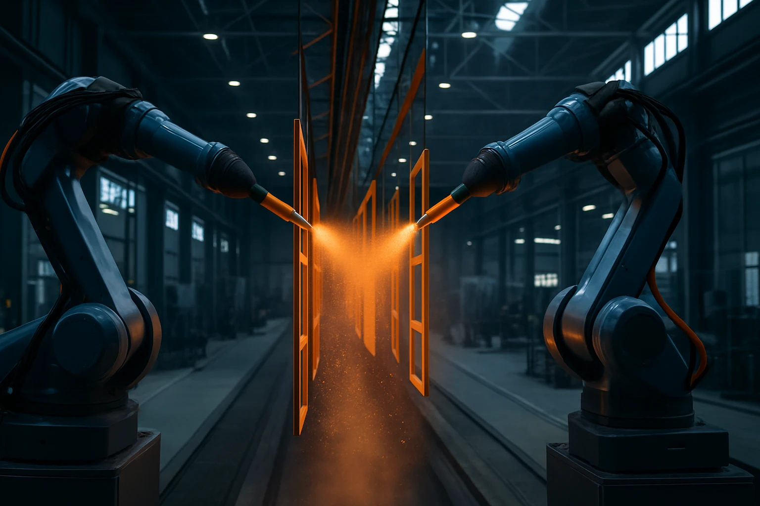 Két ipari robot kar festéket permetez egy gyártósoron, fémkereteket kezelve.