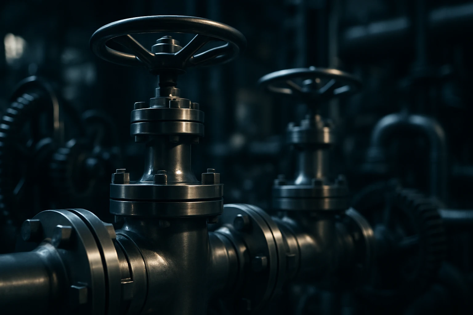Fém csapok és szelepek egy ipari környezetben, sötét háttérrel.
