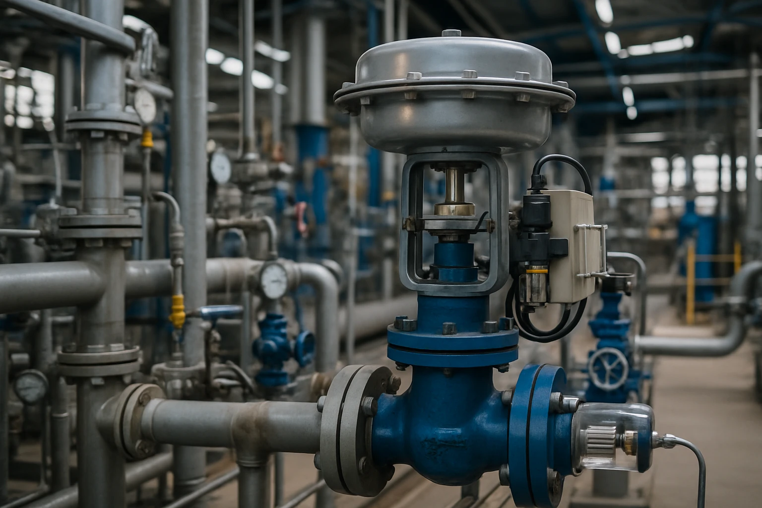 Egy ipari szelepet és csővezetékeket ábrázoló kép egy gyárban.