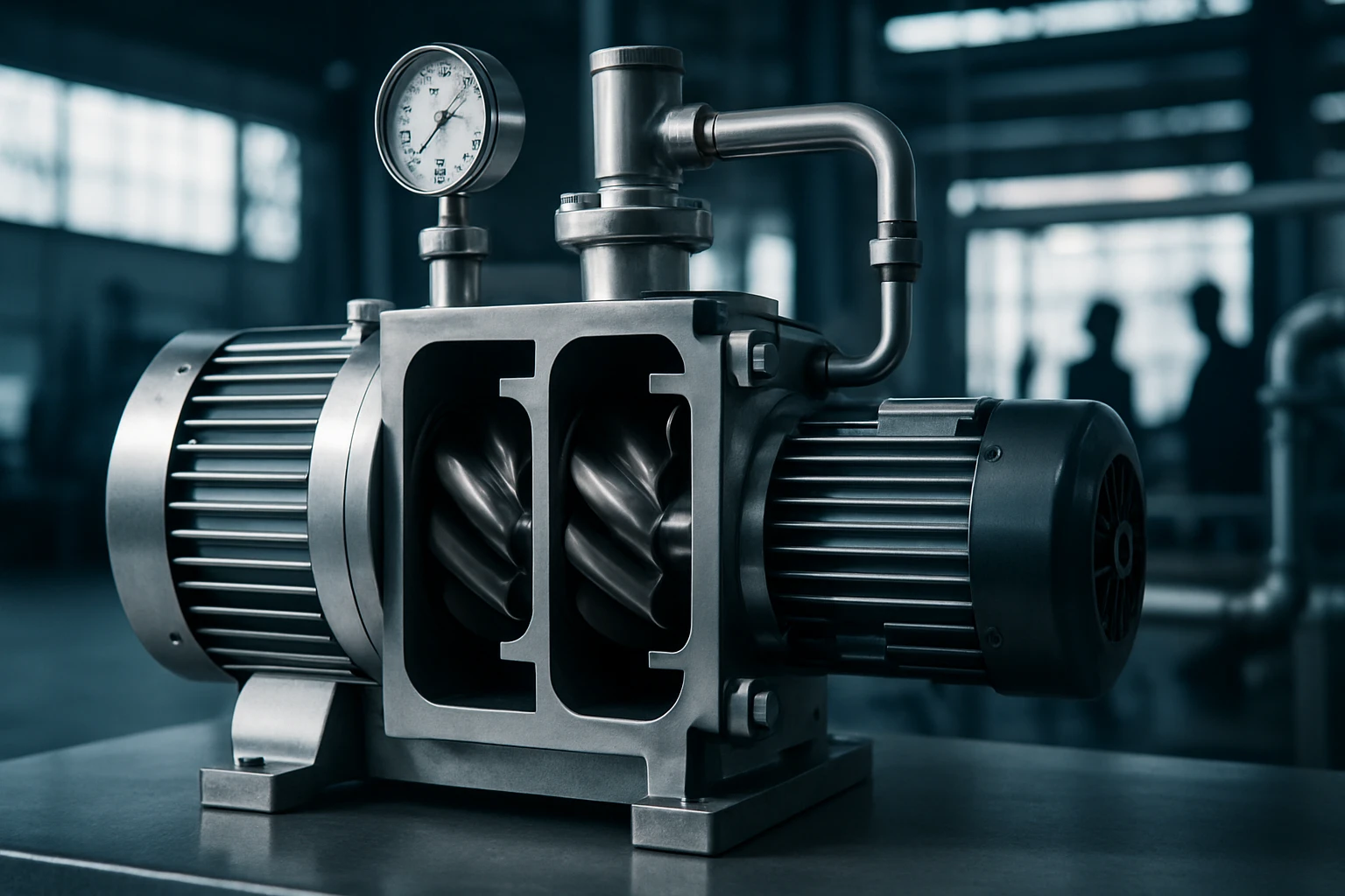 Egy modern ipari szivattyú részletes képe, látható a motor és a nyomásmérő.