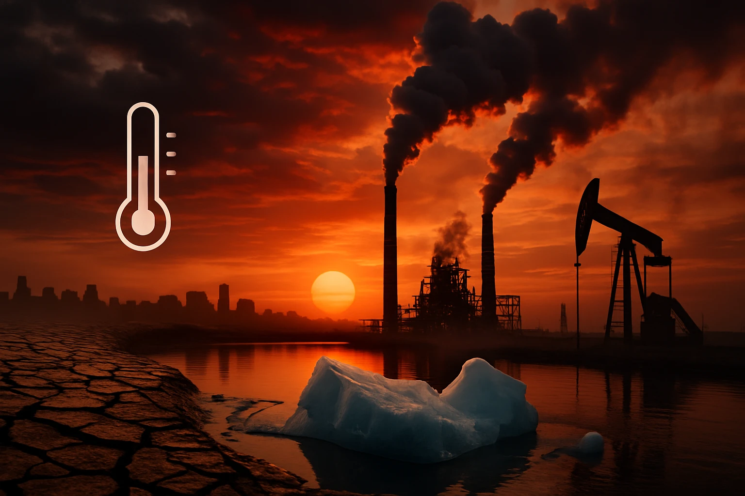 Egy ipari táj, ahol füstölgő kémények és olajfúró állvány látható naplementében.