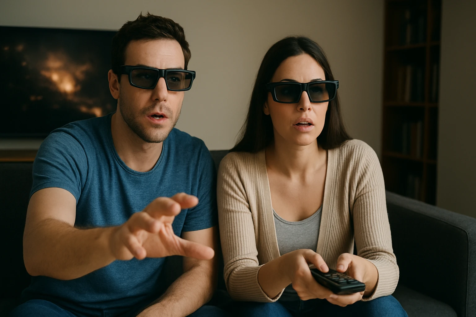 Két ember 3D szemüveget viselve néz egy filmet a tévében, izgatottan reagálnak.