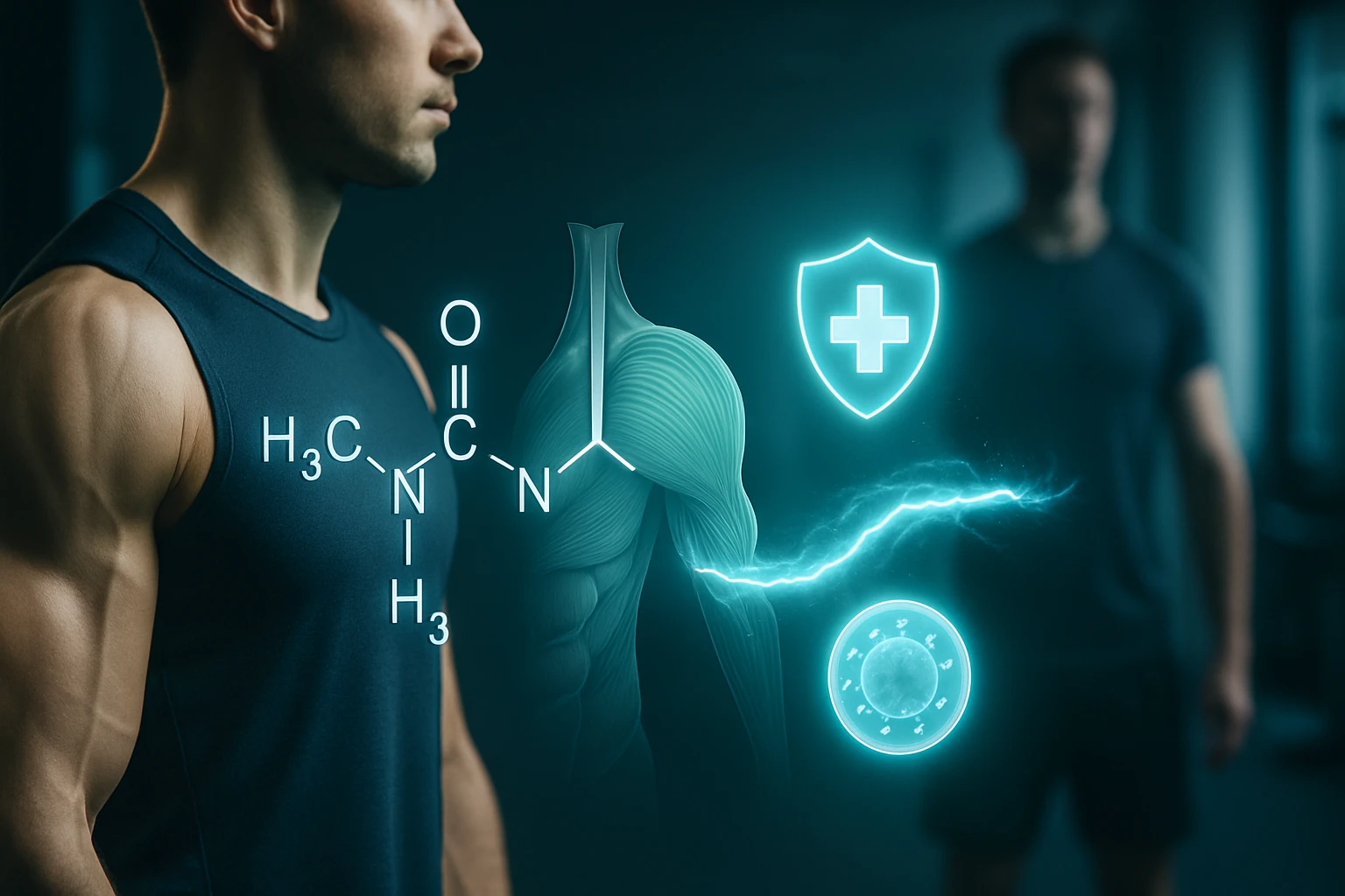 Egy sportoló profilja, mellette izomábrázolás és kémiai képlet